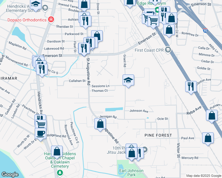 map of restaurants, bars, coffee shops, grocery stores, and more near 2163 Thomas Court in Jacksonville