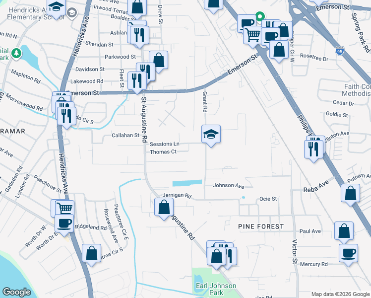 map of restaurants, bars, coffee shops, grocery stores, and more near 2163 Thomas Court in Jacksonville
