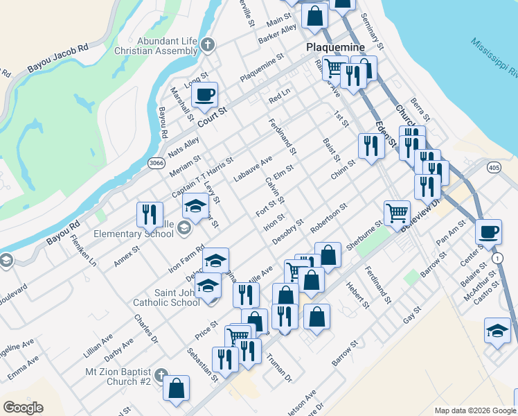 map of restaurants, bars, coffee shops, grocery stores, and more near 58360 Fort Street in Plaquemine