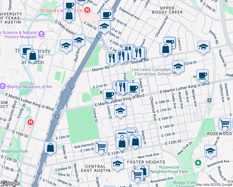 map of restaurants, bars, coffee shops, grocery stores, and more near 1803 East 20th Street in Austin