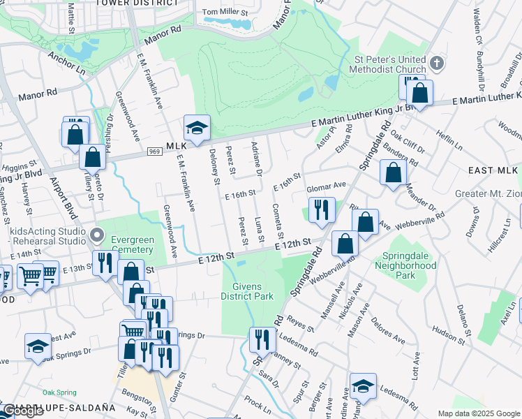 map of restaurants, bars, coffee shops, grocery stores, and more near 1401 Luna Street in Austin