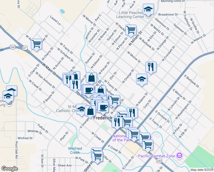 map of restaurants, bars, coffee shops, grocery stores, and more near 305 W Travis St in Fredericksburg