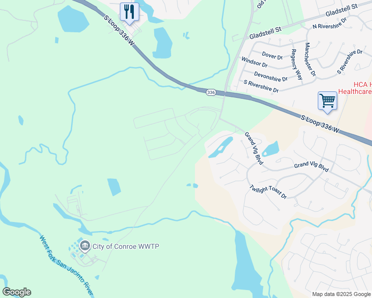 map of restaurants, bars, coffee shops, grocery stores, and more near 435 Oak Chase Drive in Conroe