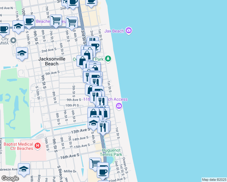 map of restaurants, bars, coffee shops, grocery stores, and more near 829 1st Street South in Jacksonville Beach