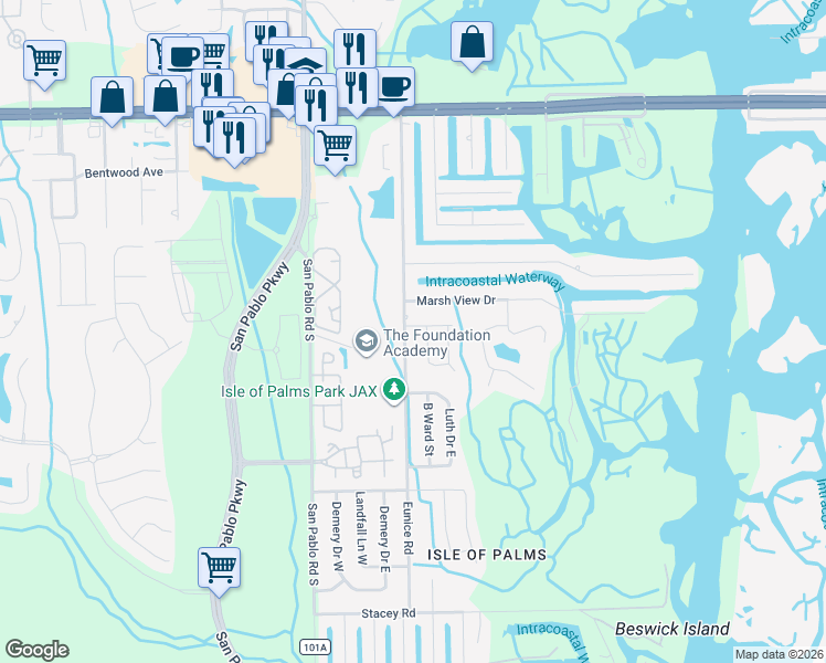 map of restaurants, bars, coffee shops, grocery stores, and more near 3569 Eunice Road in Jacksonville