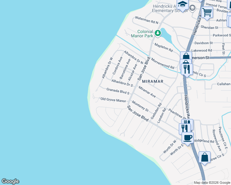 map of restaurants, bars, coffee shops, grocery stores, and more near 846 Granada Boulevard in Jacksonville