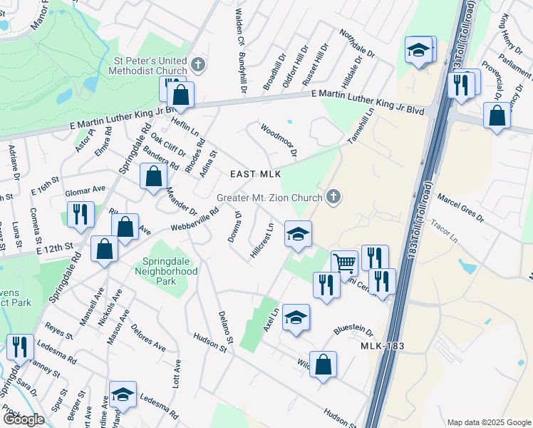 map of restaurants, bars, coffee shops, grocery stores, and more near 5410 Samuel Huston Avenue in Austin