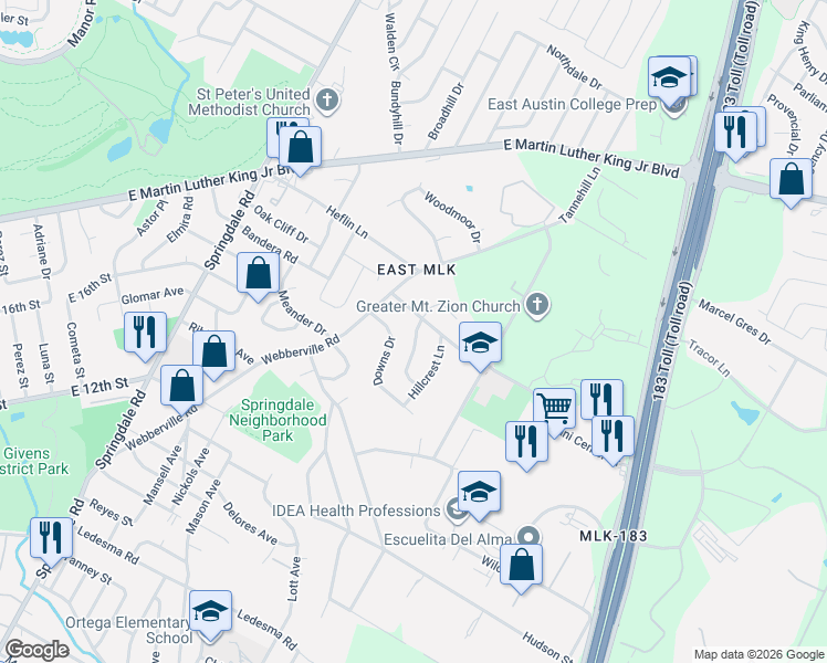 map of restaurants, bars, coffee shops, grocery stores, and more near 1734 Bunche Road in Austin