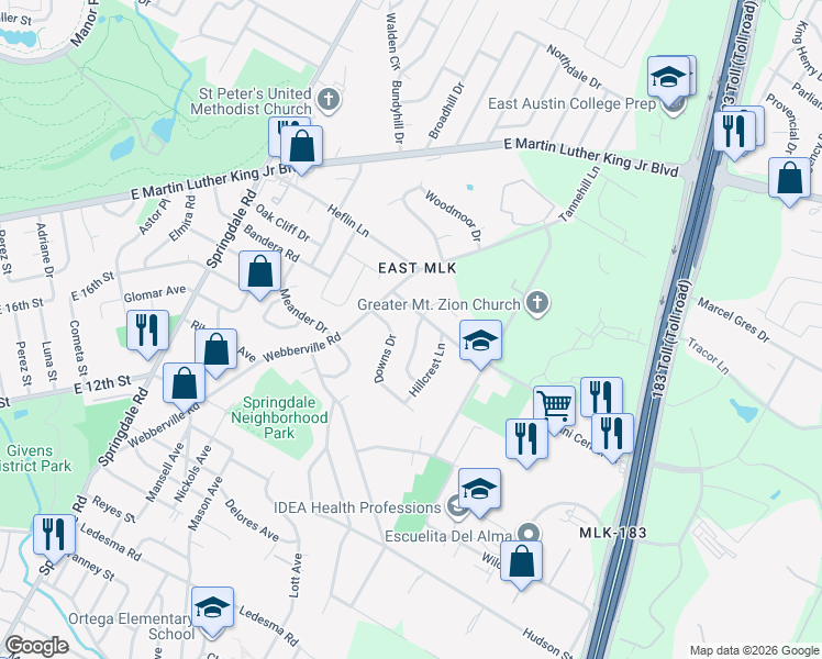 map of restaurants, bars, coffee shops, grocery stores, and more near 1734 Bunche Road in Austin