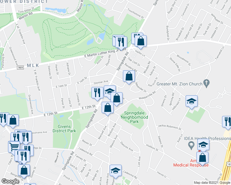 map of restaurants, bars, coffee shops, grocery stores, and more near 1400 Penny Street in Austin