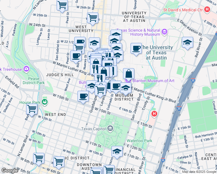 map of restaurants, bars, coffee shops, grocery stores, and more near in Austin