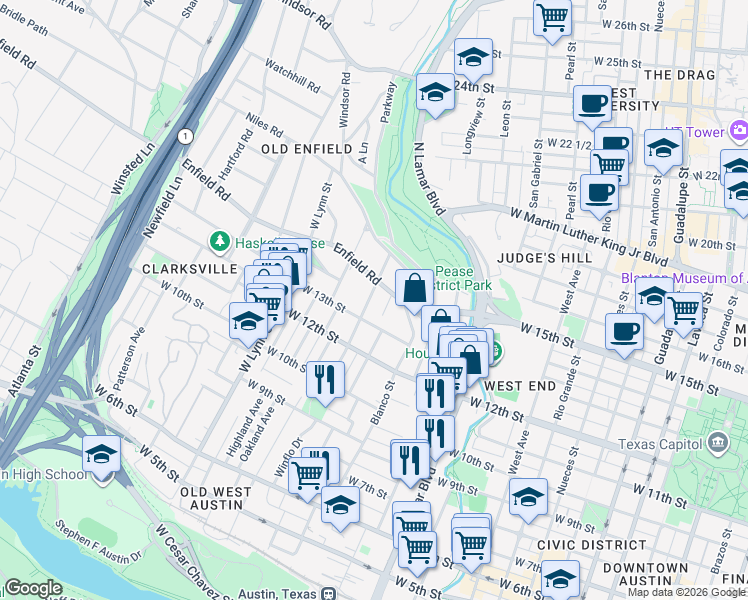 map of restaurants, bars, coffee shops, grocery stores, and more near 1403 Lorrain Street in Austin