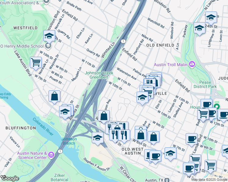 map of restaurants, bars, coffee shops, grocery stores, and more near 905 Patterson Avenue in Austin