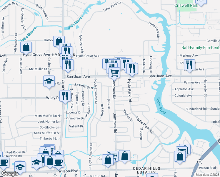 map of restaurants, bars, coffee shops, grocery stores, and more near 6414 Tiny Tim Lane in Jacksonville