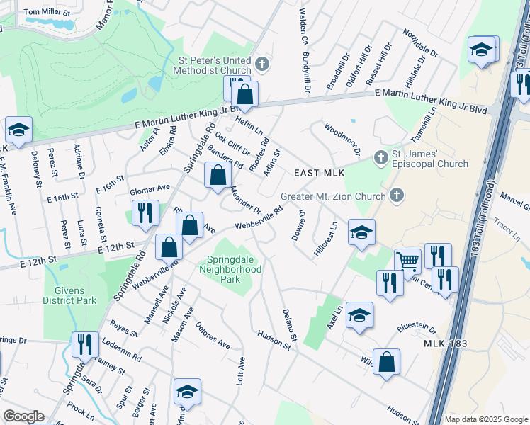 map of restaurants, bars, coffee shops, grocery stores, and more near 1603 Meander Drive in Austin