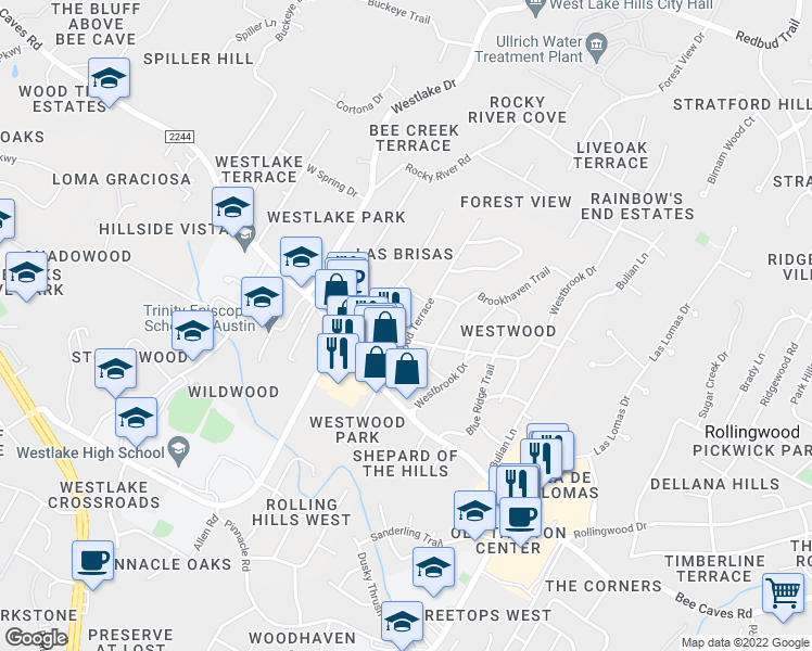 map of restaurants, bars, coffee shops, grocery stores, and more near 302 Westwood Terrace in Austin
