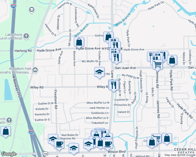 map of restaurants, bars, coffee shops, grocery stores, and more near 6804 Dayton Road in Jacksonville