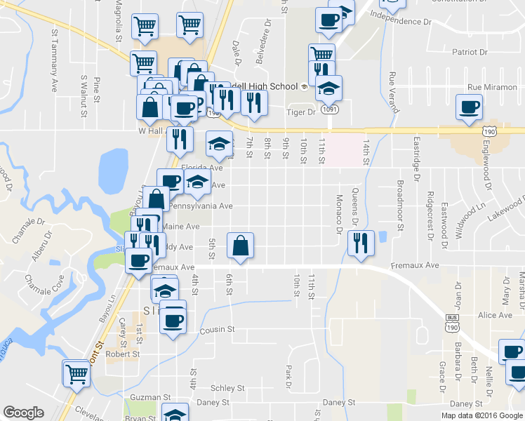map of restaurants, bars, coffee shops, grocery stores, and more near 647 Pennsylvania Avenue in Slidell