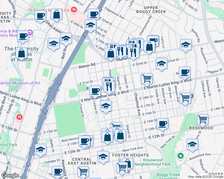 map of restaurants, bars, coffee shops, grocery stores, and more near 1904 Poquito Street in Austin