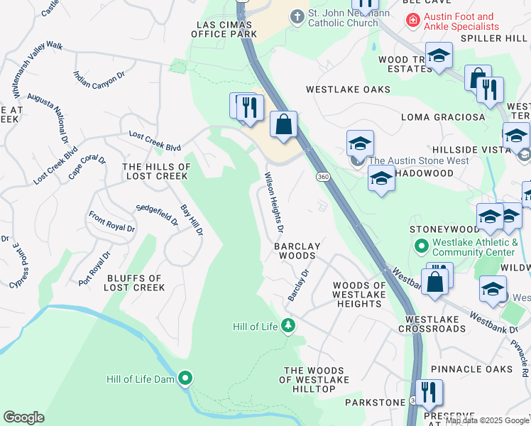 map of restaurants, bars, coffee shops, grocery stores, and more near 1317 Thaddeus Cove in Austin