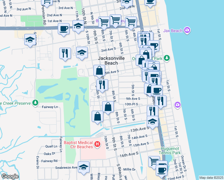 map of restaurants, bars, coffee shops, grocery stores, and more near 726 8th Street South in Jacksonville Beach