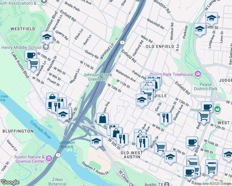 map of restaurants, bars, coffee shops, grocery stores, and more near 905 Patterson Avenue in Austin