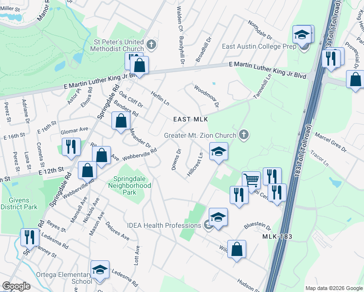 map of restaurants, bars, coffee shops, grocery stores, and more near 5212 Downs Drive in Austin