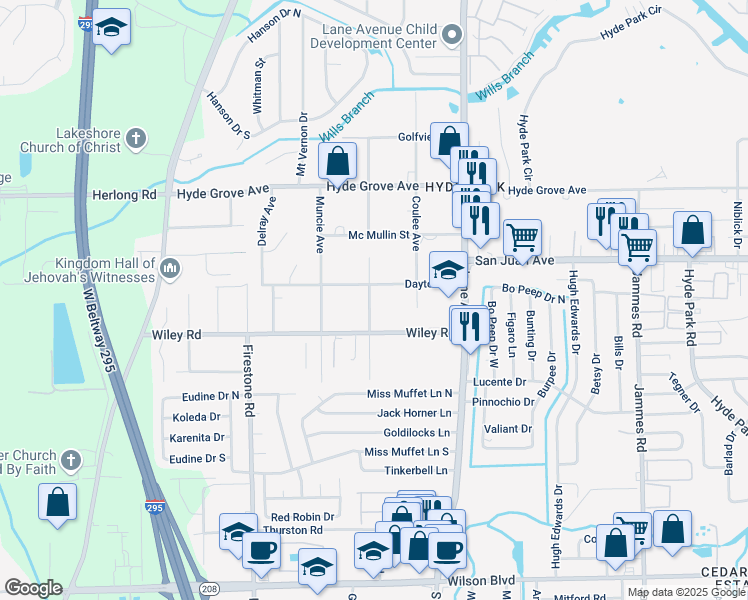 map of restaurants, bars, coffee shops, grocery stores, and more near 2031 Navaho Avenue in Jacksonville