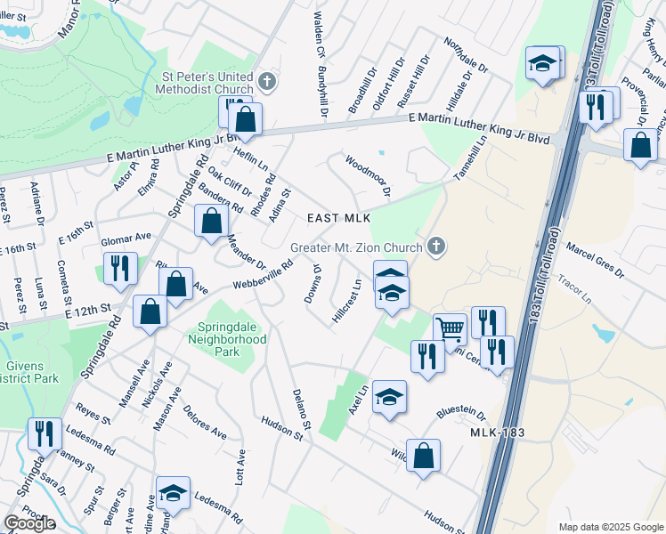 map of restaurants, bars, coffee shops, grocery stores, and more near 1734 Bunche Road in Austin