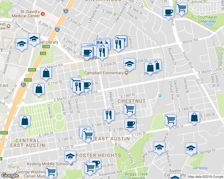 map of restaurants, bars, coffee shops, grocery stores, and more near 2403 East Martin Luther King Junior Boulevard in Austin