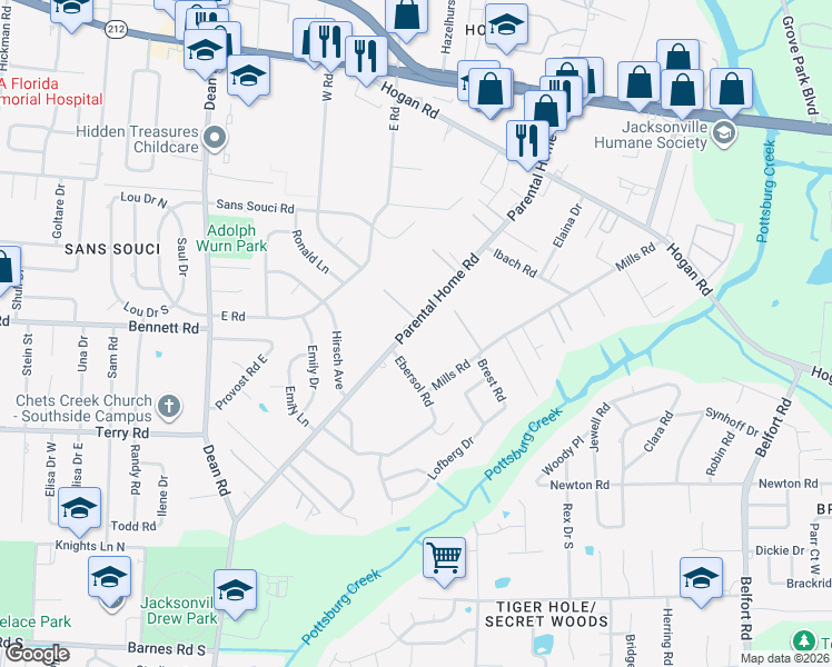 map of restaurants, bars, coffee shops, grocery stores, and more near 2353 Parental Home Road in Jacksonville