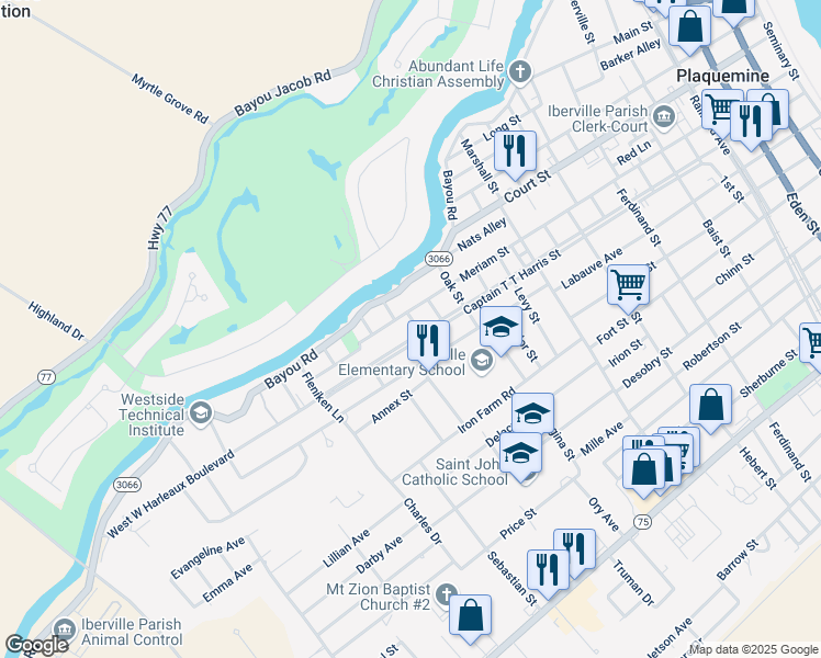 map of restaurants, bars, coffee shops, grocery stores, and more near 58710 Hasse Street in Plaquemine