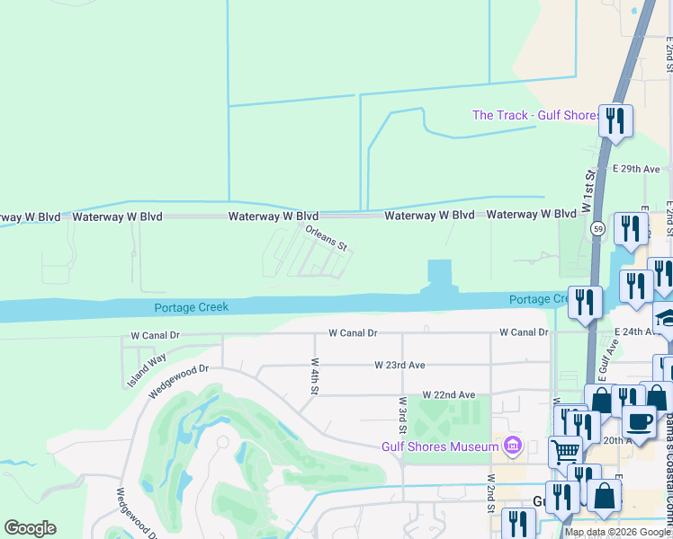map of restaurants, bars, coffee shops, grocery stores, and more near 2604 Chastain Street in Gulf Shores