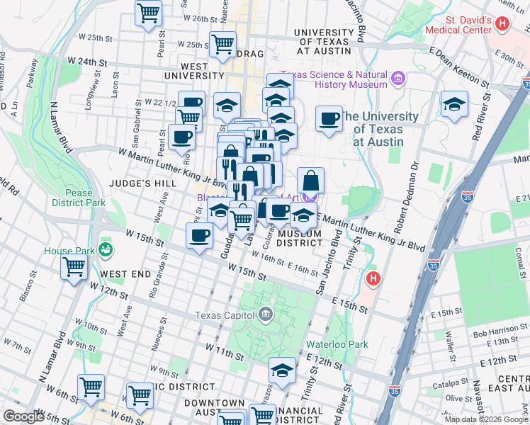 map of restaurants, bars, coffee shops, grocery stores, and more near in Austin