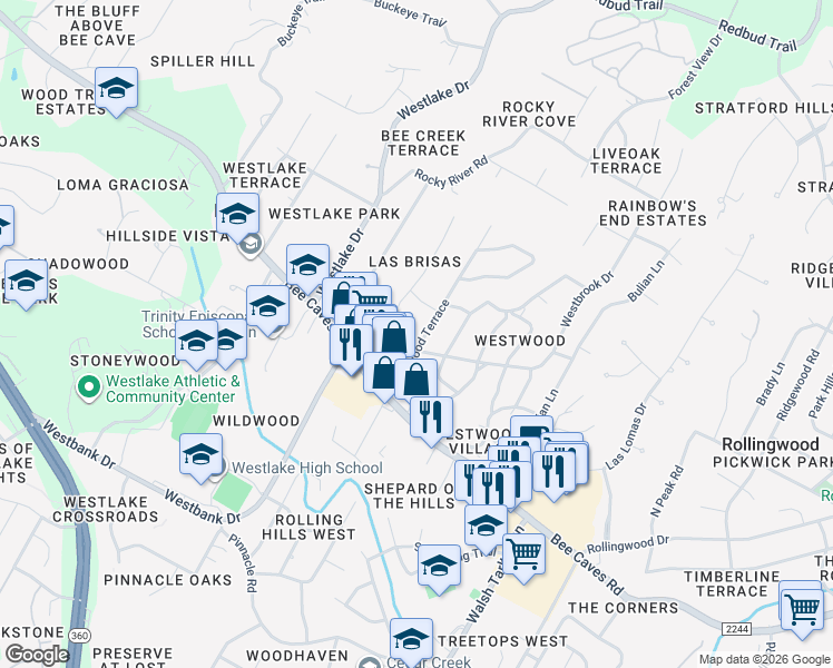 map of restaurants, bars, coffee shops, grocery stores, and more near 302 Westwood Terrace in Austin