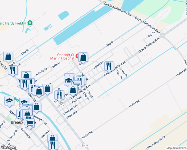 map of restaurants, bars, coffee shops, grocery stores, and more near 110 David Street in Breaux Bridge