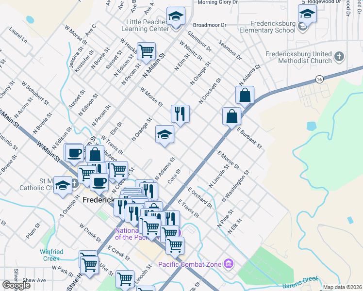 map of restaurants, bars, coffee shops, grocery stores, and more near 107 West Centre Street in Fredericksburg