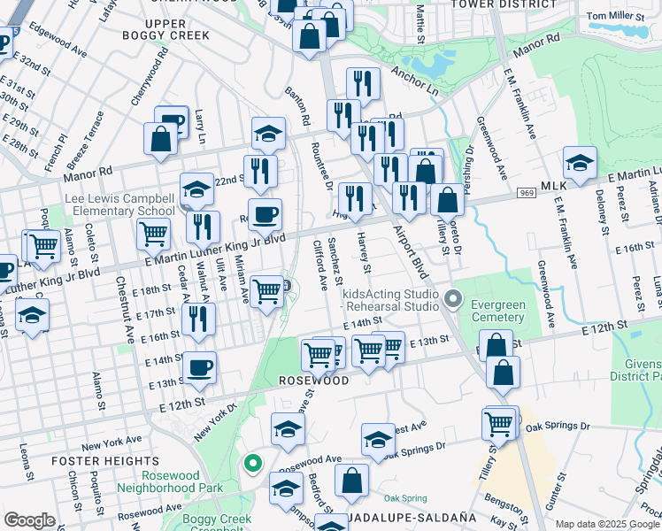 map of restaurants, bars, coffee shops, grocery stores, and more near 1706 Sanchez Street in Austin