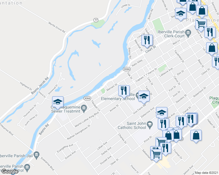 map of restaurants, bars, coffee shops, grocery stores, and more near 58756 Meriam Street in Plaquemine