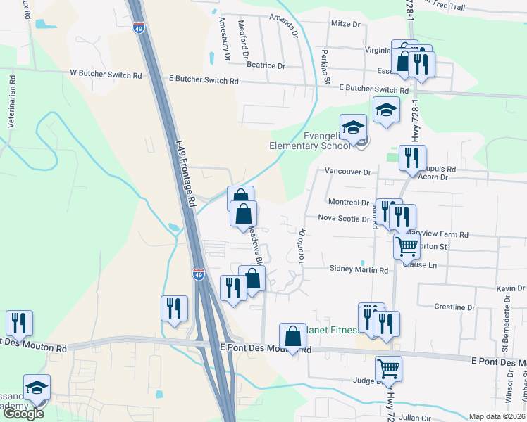 map of restaurants, bars, coffee shops, grocery stores, and more near 10 Clematis Court in Lafayette