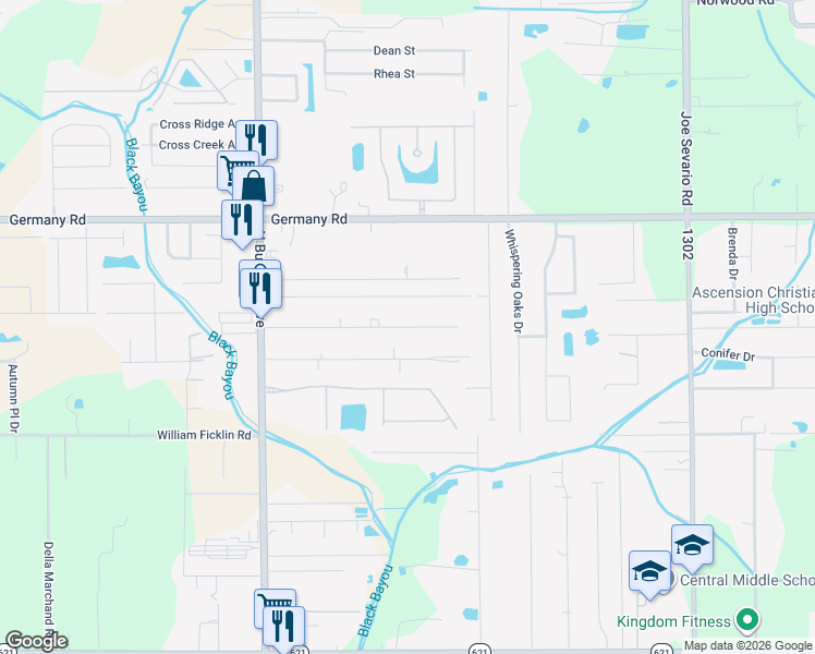 map of restaurants, bars, coffee shops, grocery stores, and more near 41259 Courtney Road in Gonzales