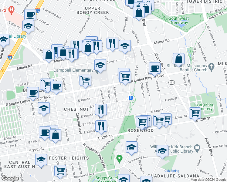 map of restaurants, bars, coffee shops, grocery stores, and more near 1804 Miriam Ave in Austin