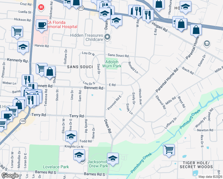 map of restaurants, bars, coffee shops, grocery stores, and more near 6721 Provost Road North in Jacksonville