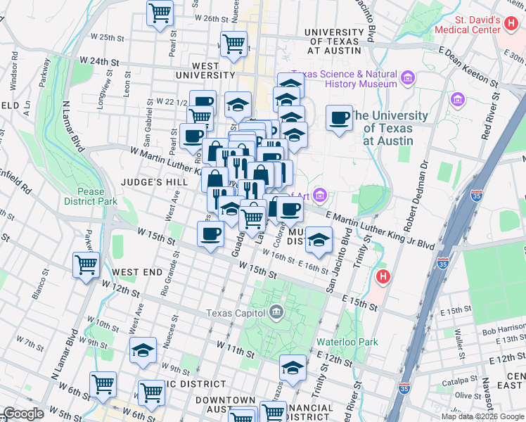 map of restaurants, bars, coffee shops, grocery stores, and more near 1800 Lavaca Street in Austin