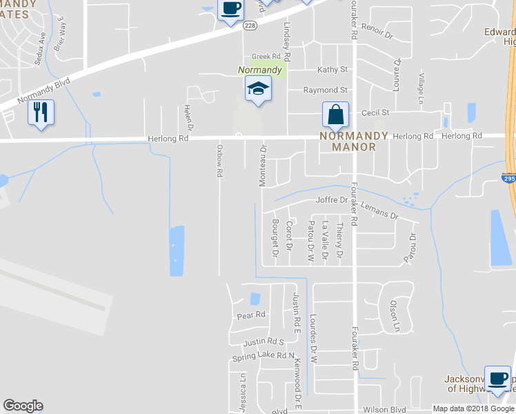 map of restaurants, bars, coffee shops, grocery stores, and more near 2104 Monteau Drive in Jacksonville