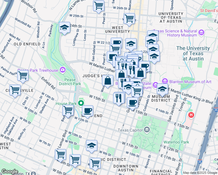 map of restaurants, bars, coffee shops, grocery stores, and more near in Austin