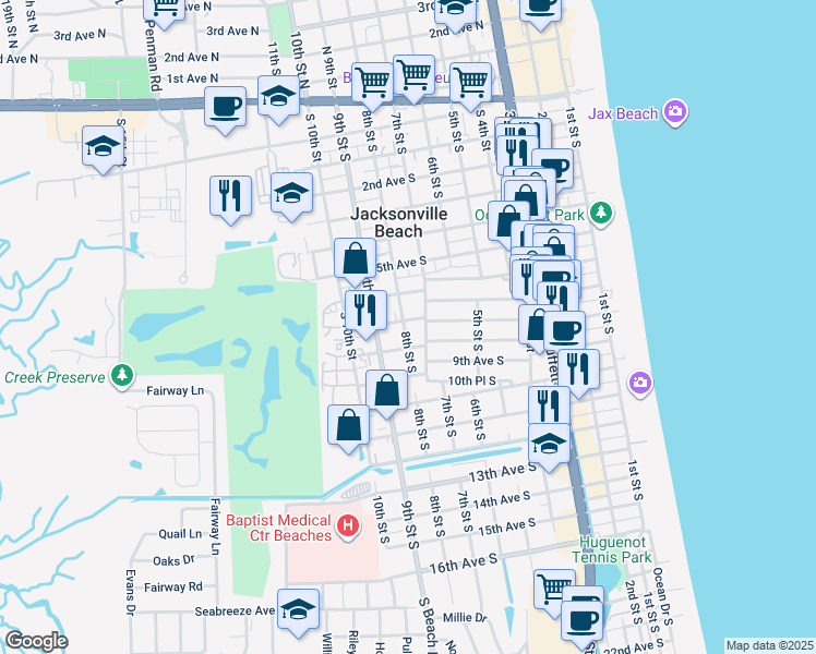 map of restaurants, bars, coffee shops, grocery stores, and more near 726 8th Street South in Jacksonville Beach