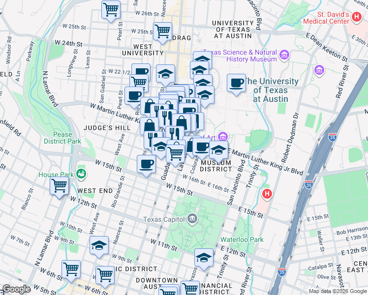 map of restaurants, bars, coffee shops, grocery stores, and more near in Austin