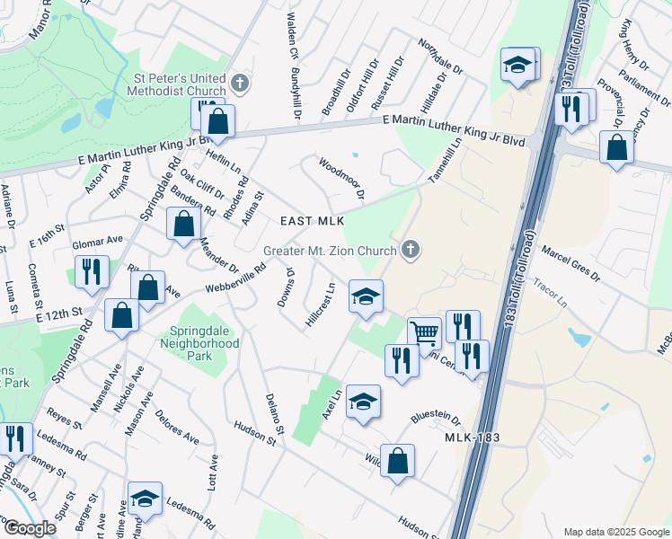 map of restaurants, bars, coffee shops, grocery stores, and more near 5410 Samuel Huston Avenue in Austin
