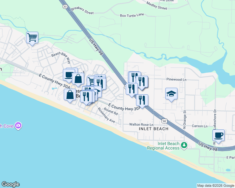 map of restaurants, bars, coffee shops, grocery stores, and more near 195 East Kingstown Road in Rosemary Beach
